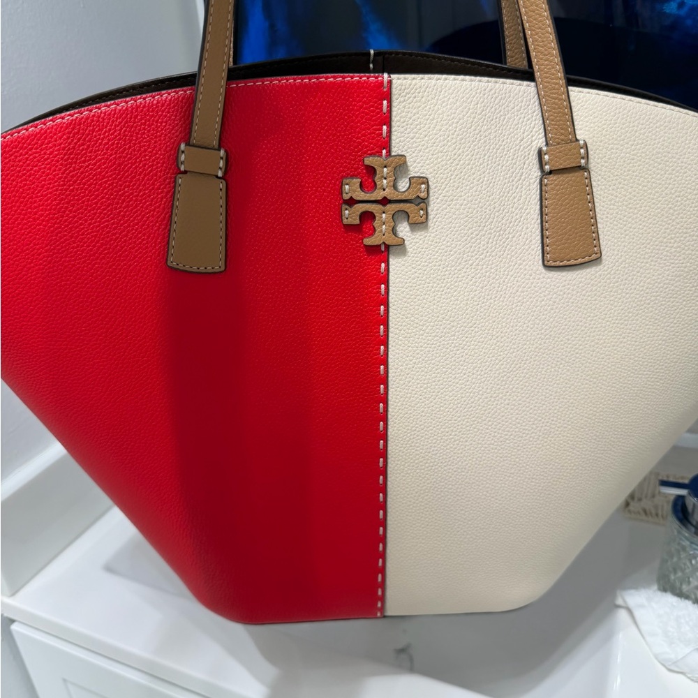 Tory Burch Red and White Tote Bag